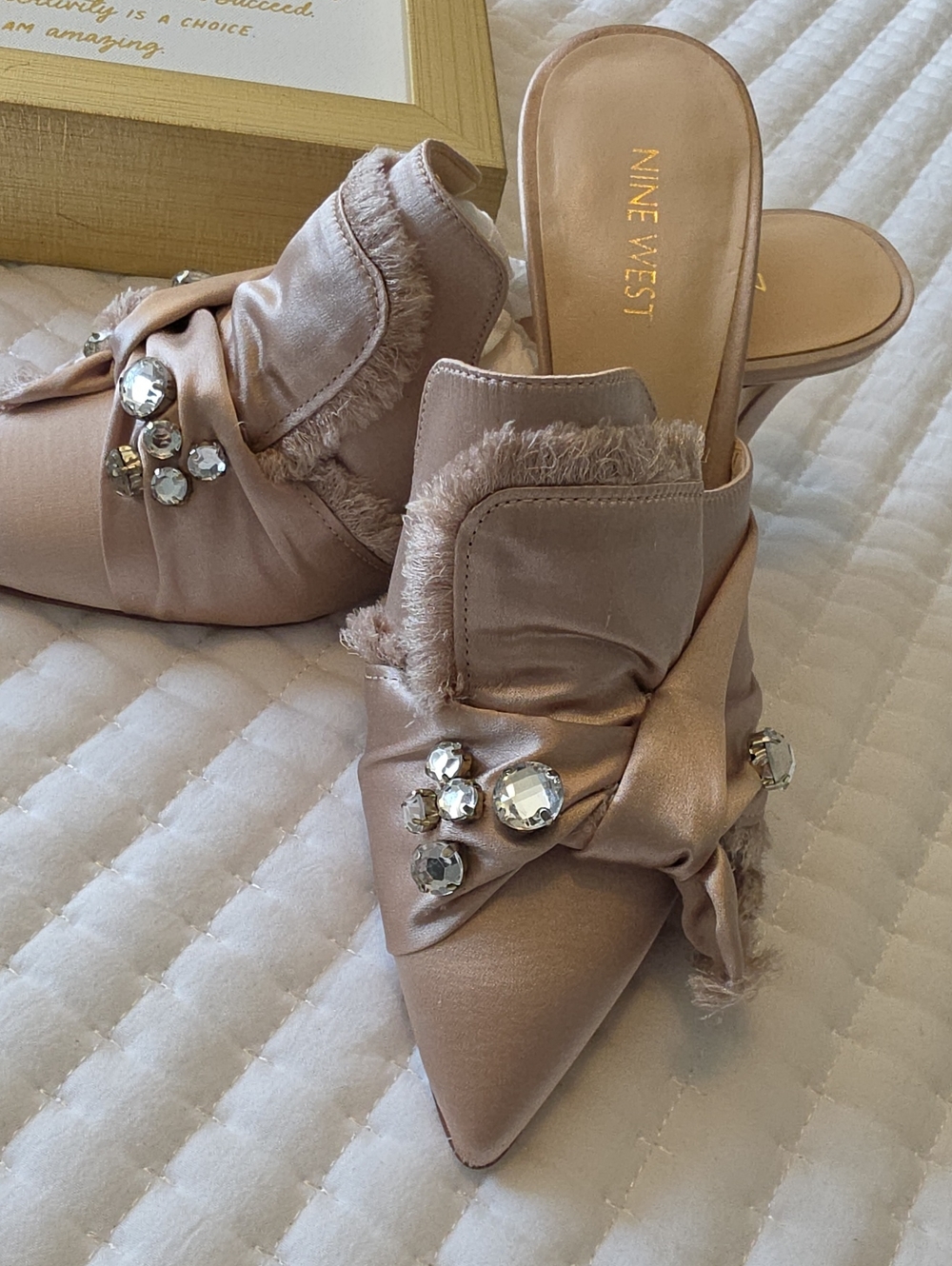 Nine West Women's Blush Satin Jeweled Pointed Mule